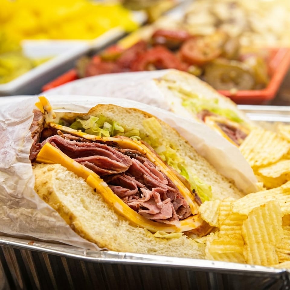 Deli sandwich with pastrami, cheese, and lettuce, served with crinkle-cut chips in a foil container.