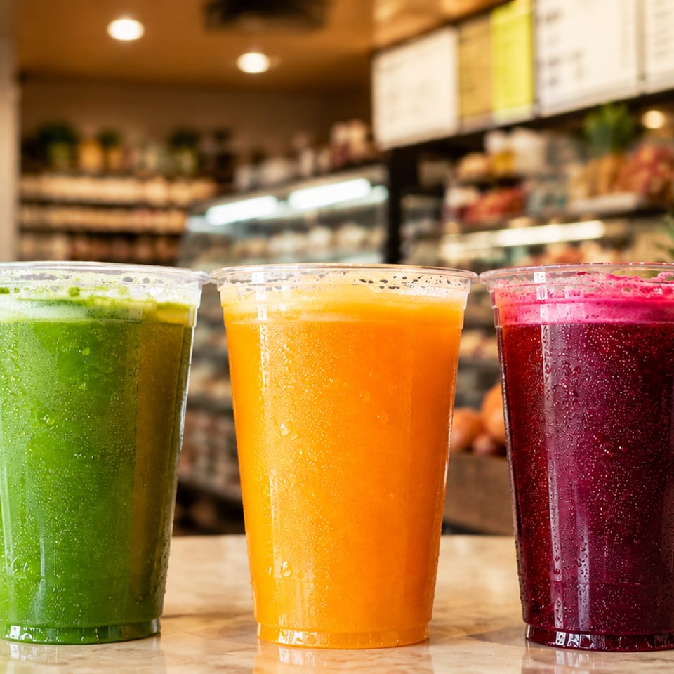 Three colorful fresh juices in clear cups sit on a wooden counter inside a brightly lit produce market.