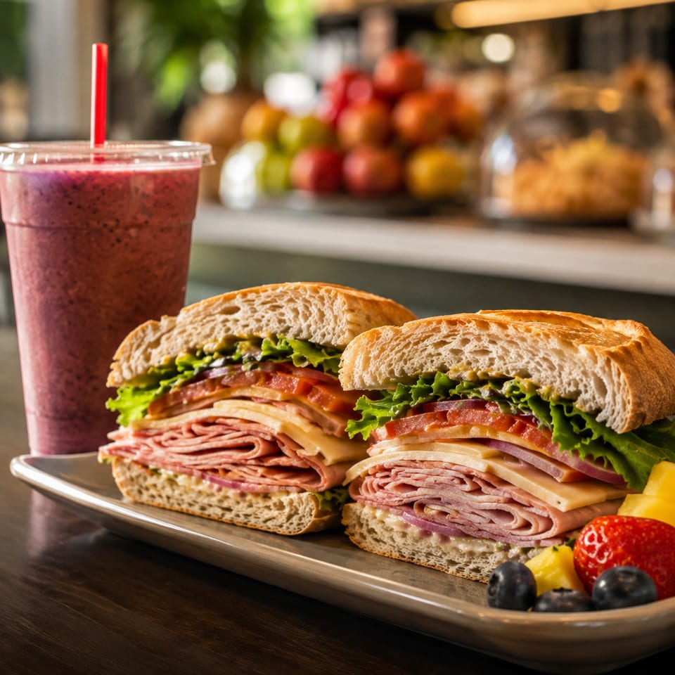 Two stacked deli sandwiches with ham, cheese, lettuce, and tomato beside a berry smoothie and fresh fruit.