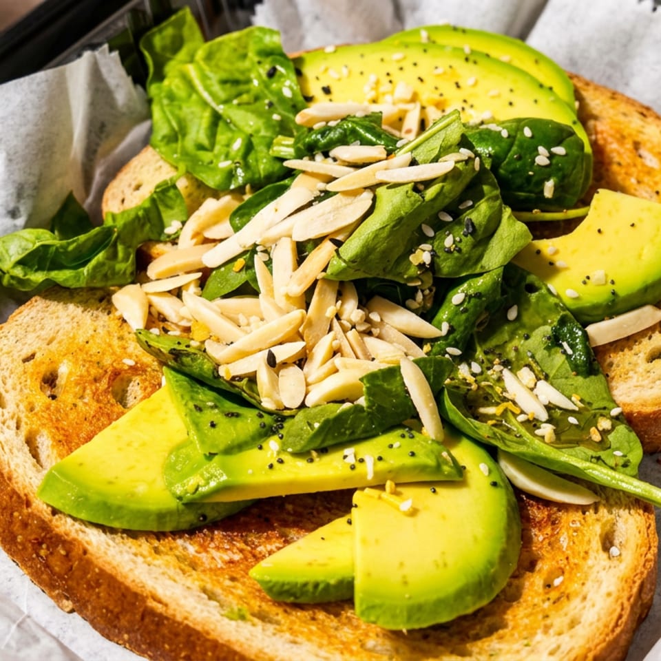 Avocado toast with spinach, sliced almonds, and seeds on parchment paper in a black container.