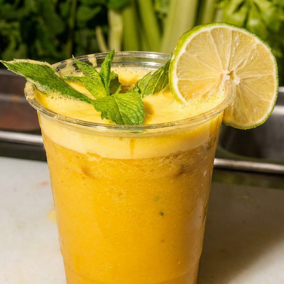 A vibrant orange smoothie in a clear cup, garnished with fresh mint and a lime slice.