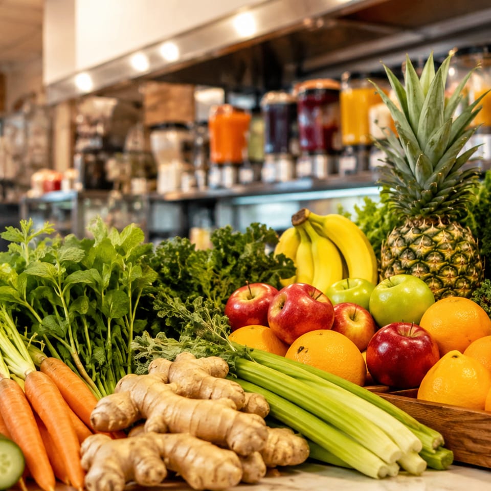 Colorful fresh fruits and vegetables displayed at a restaurant juice bar, including pineapple, oranges, apples, carrots, celery, cucumber, and ginger.